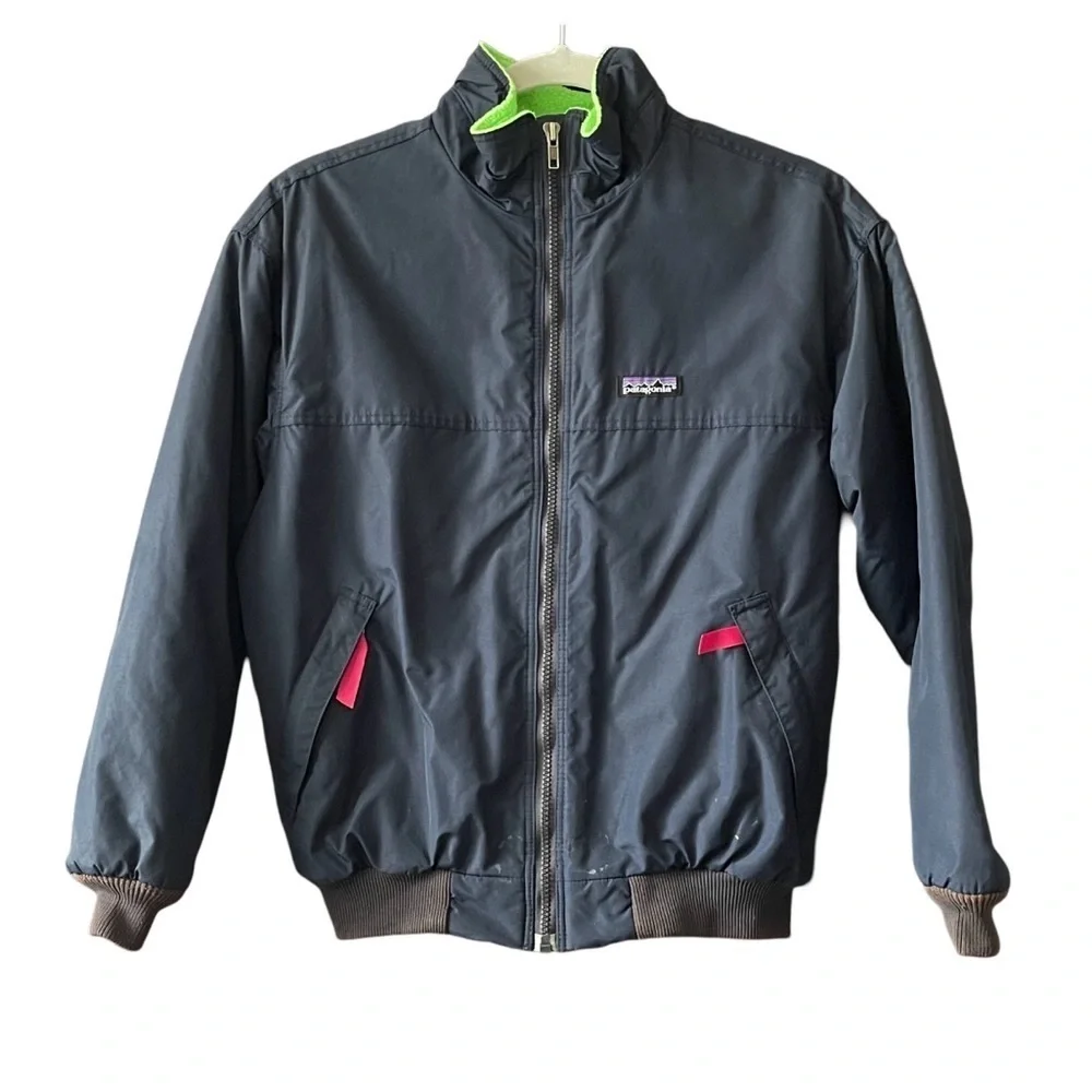 Patagonia Bomber Jacket Kids 14 Fleece Lined Winter Zip Navy Blue Green Made USA